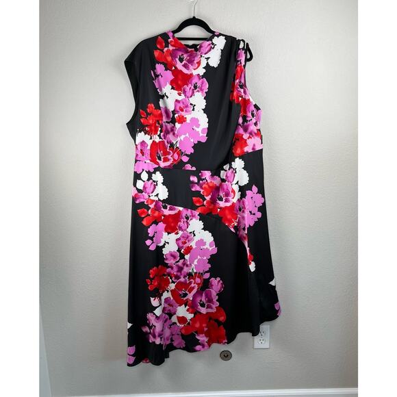 Maggy London Woman Multi Black Floral Asymmetric Charmeuse Midi Dress 24W NWT - Picture 12 of 13